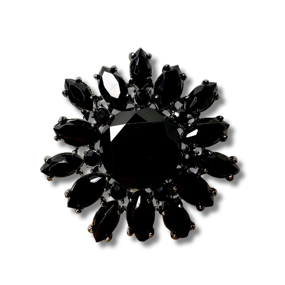 Vintage Monet Signed Black Rhinestone Starburst Brooch Pin